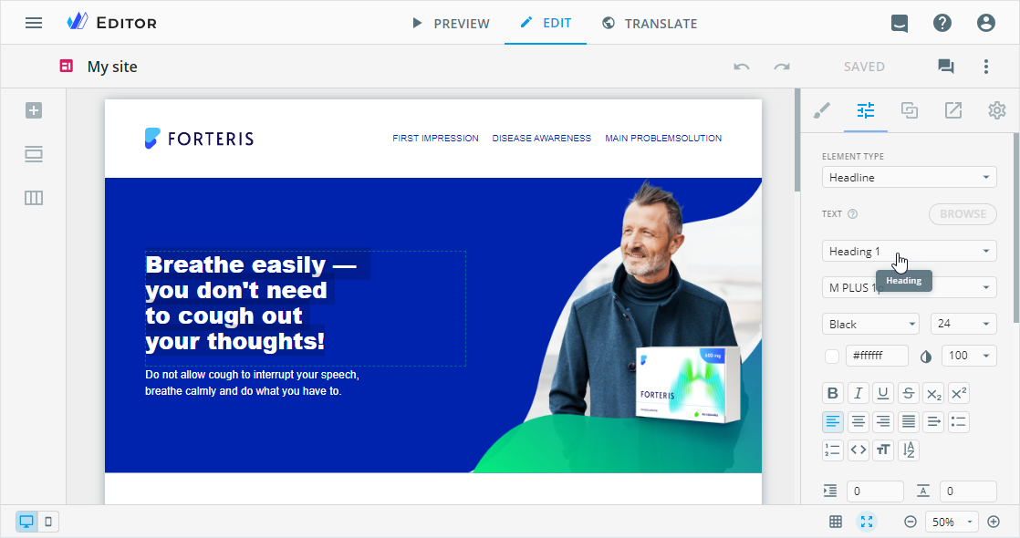 Heading 1 selected in eWizard Editor
